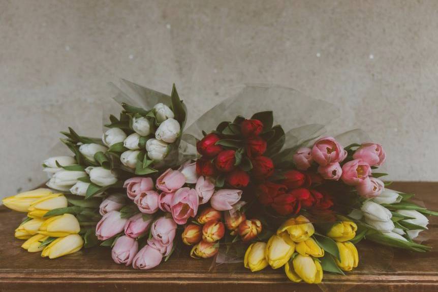 Bridal party with rose bouquets